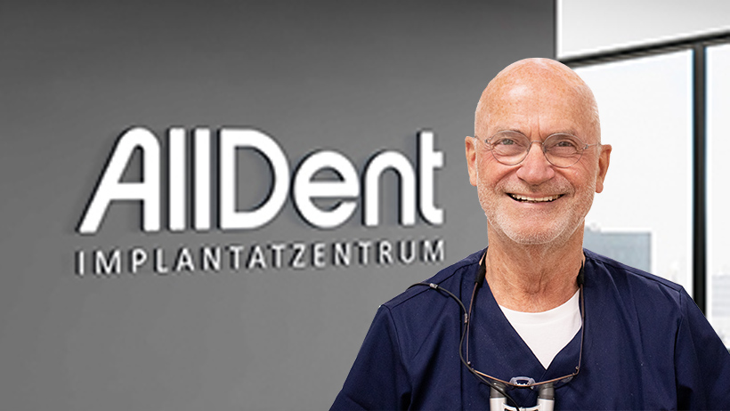 Dr. Bolz vor grauer Wand mit AllDent Logo